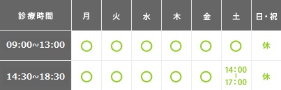 平日：9：00～13：00／15：00～19：00 土曜：9：00～13：00／14：00～17：00 休診日：日祝